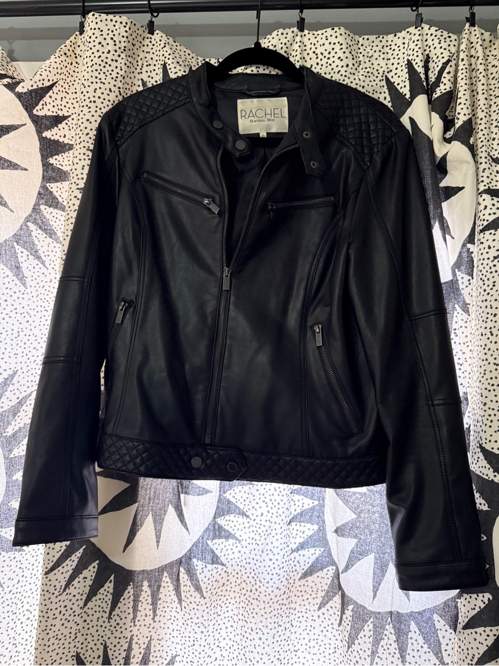 RACHEL Rachel Roy Black Faux Leather Quilted Moto Biker Jacket Size L Edgy